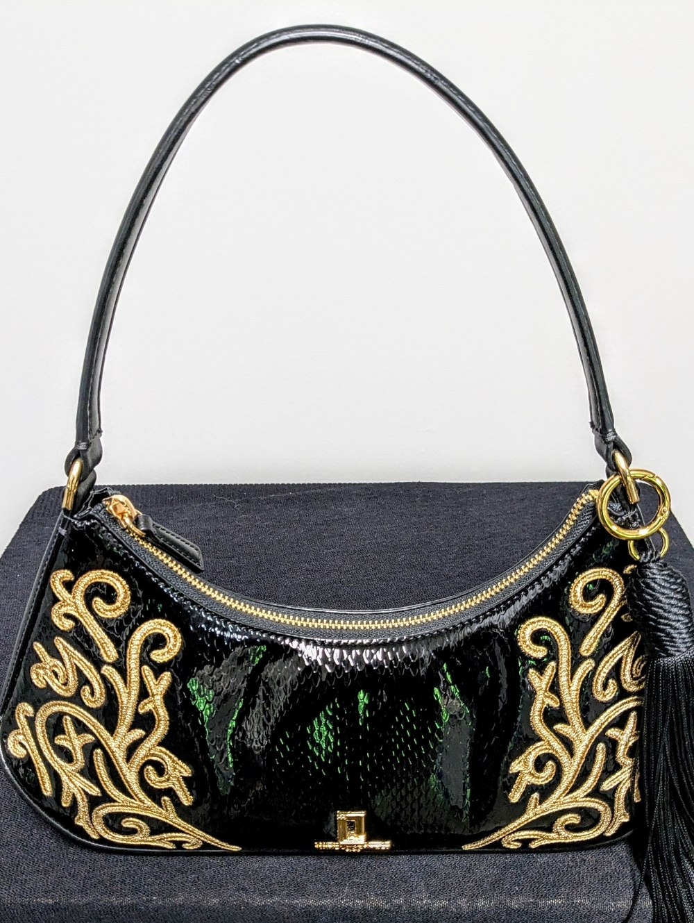 Black Patent Shoulder Bag Gold Embroidery Tassel Y2K Chic Glam